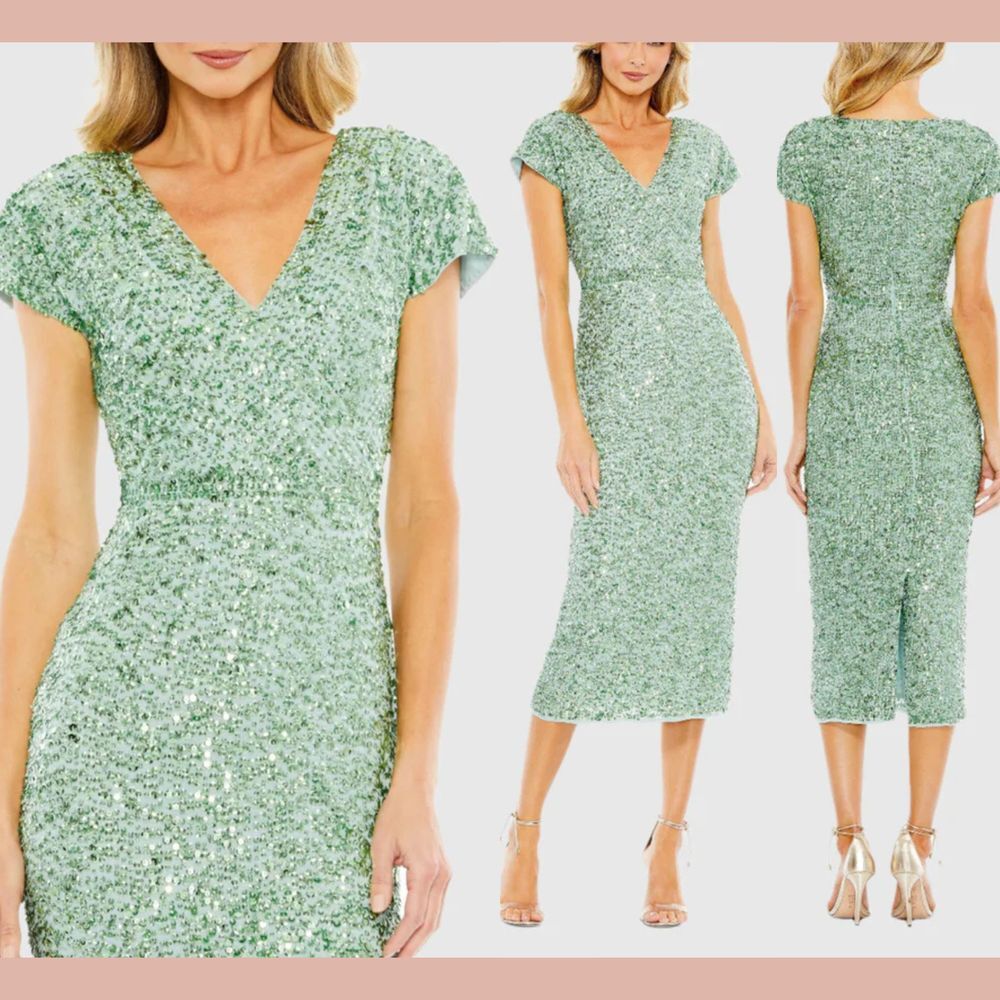 NWT MAC‎ DUGGAL [ 12 ] 10766 Sequined Short Sleeve Wrap Over Cocktail Dress Sage
